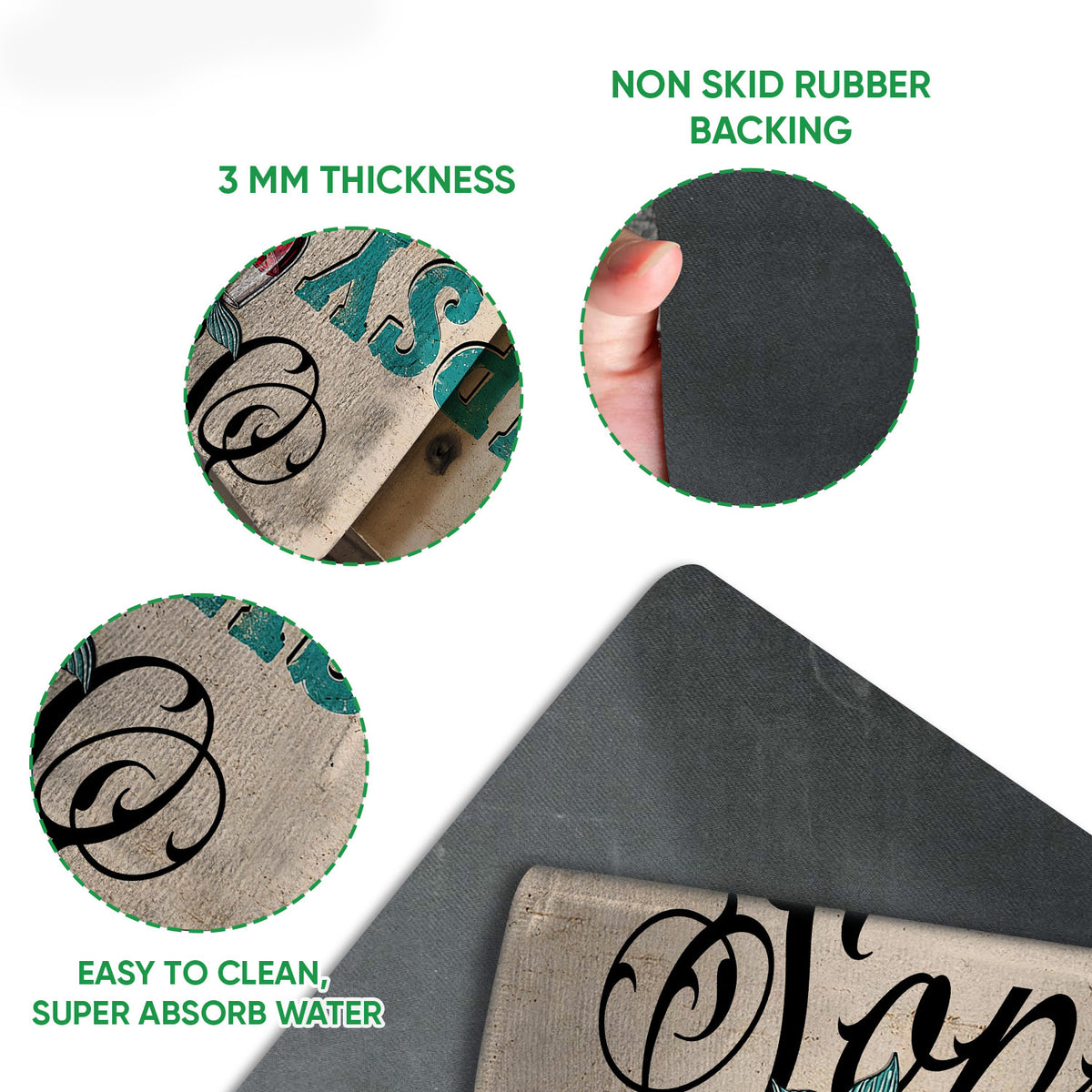 Close-up feature view showing the printed mermaid artwork, textured surface, and black rubber backing