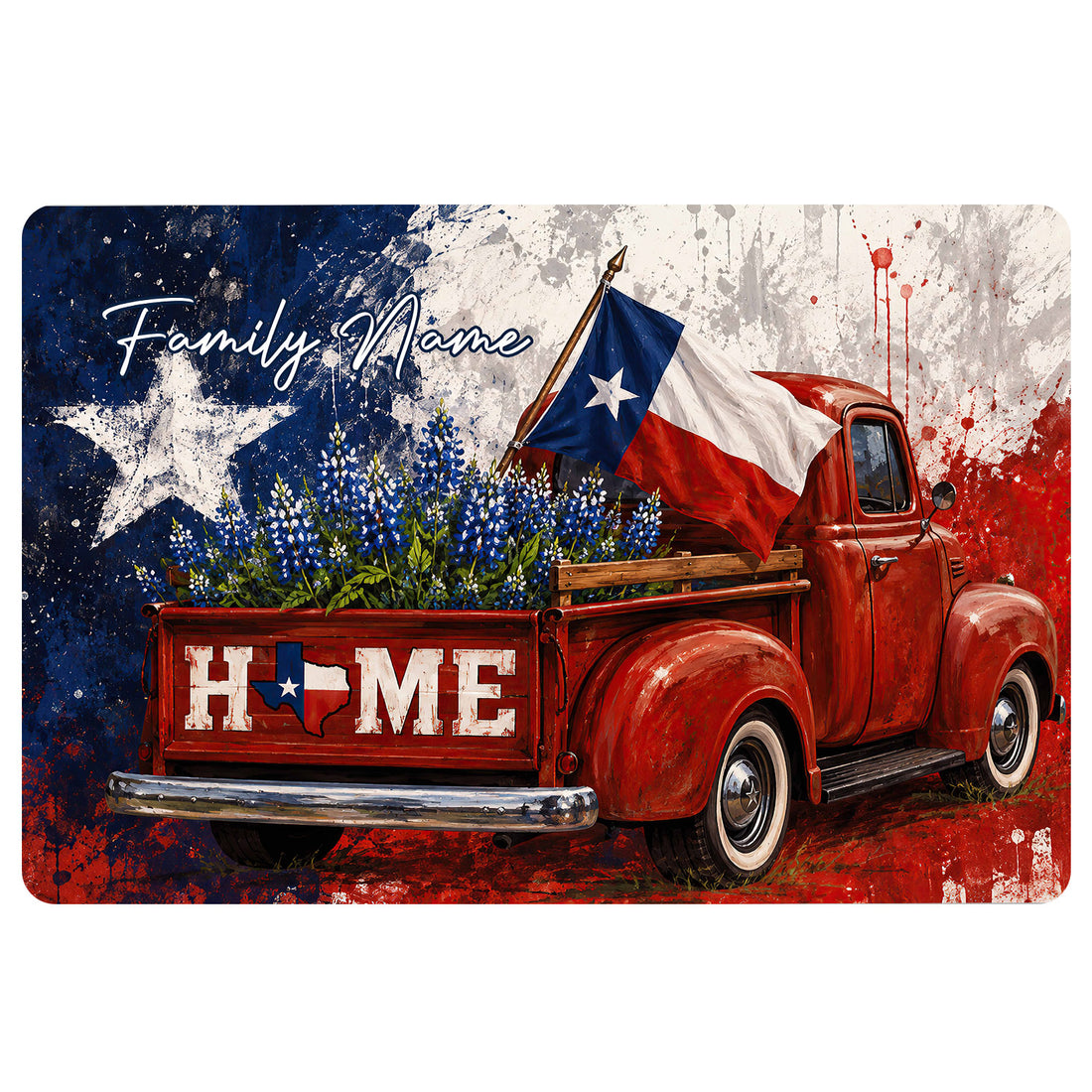 Texas doormat featuring a vintage red pickup truck, Texas flag, bluebonnets, star artwork, and rustic patriotic colors