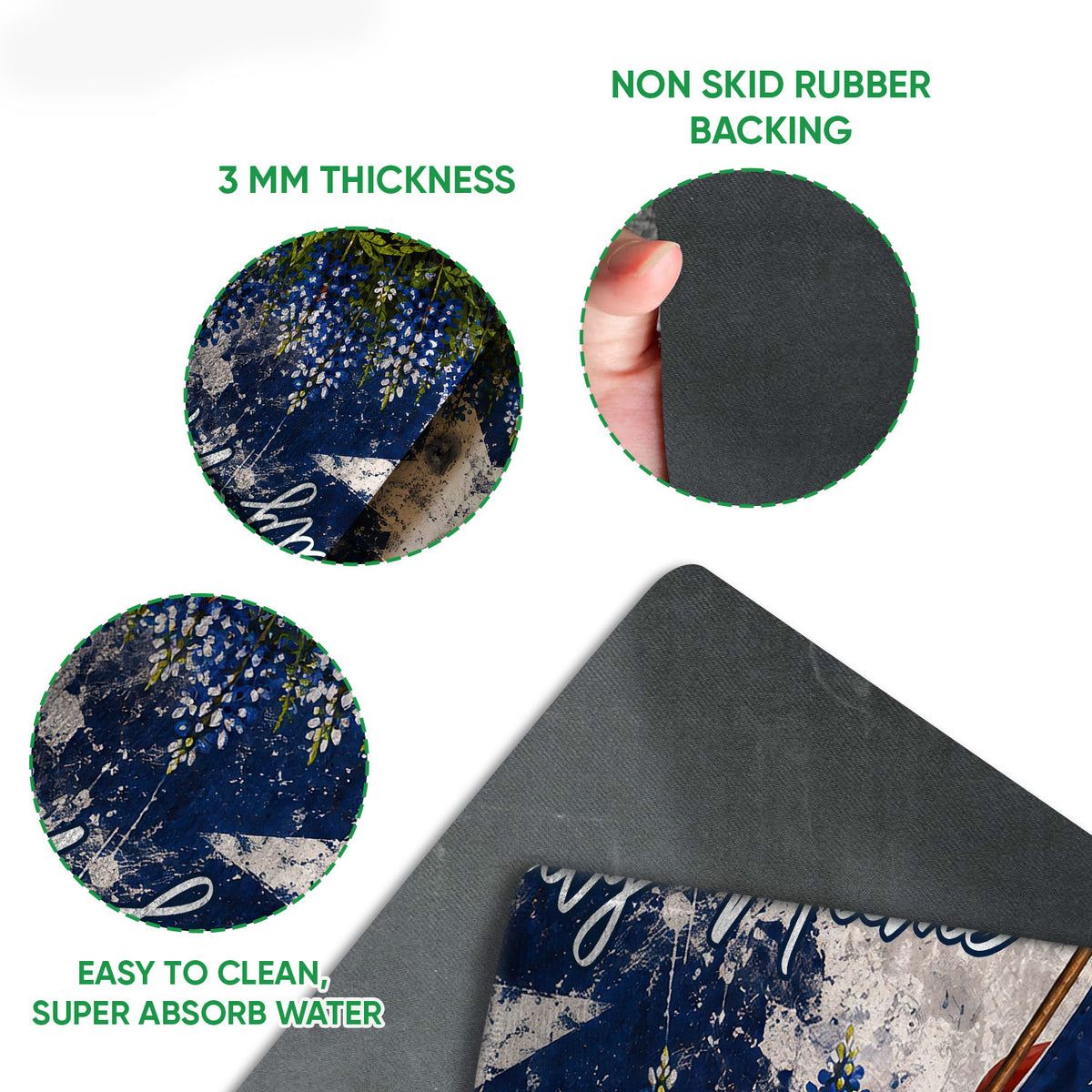 Close-up detail of the Texas doormat surface and dark rubber backing with visible thickness and traction-focused construction