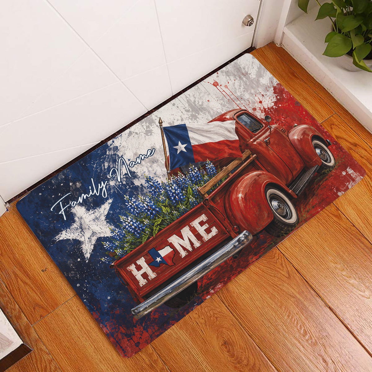 Texas-themed doormat displayed at an entryway, featuring a red vintage truck, Texas flag, bluebonnets, and bold patriotic artwork