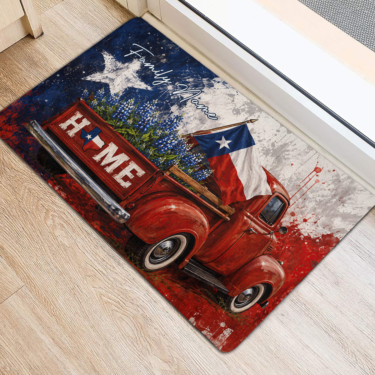 Texas entryway rug shown beside a door with a vintage red pickup truck, bluebonnets, Texas flag, and distressed red and navy artwork