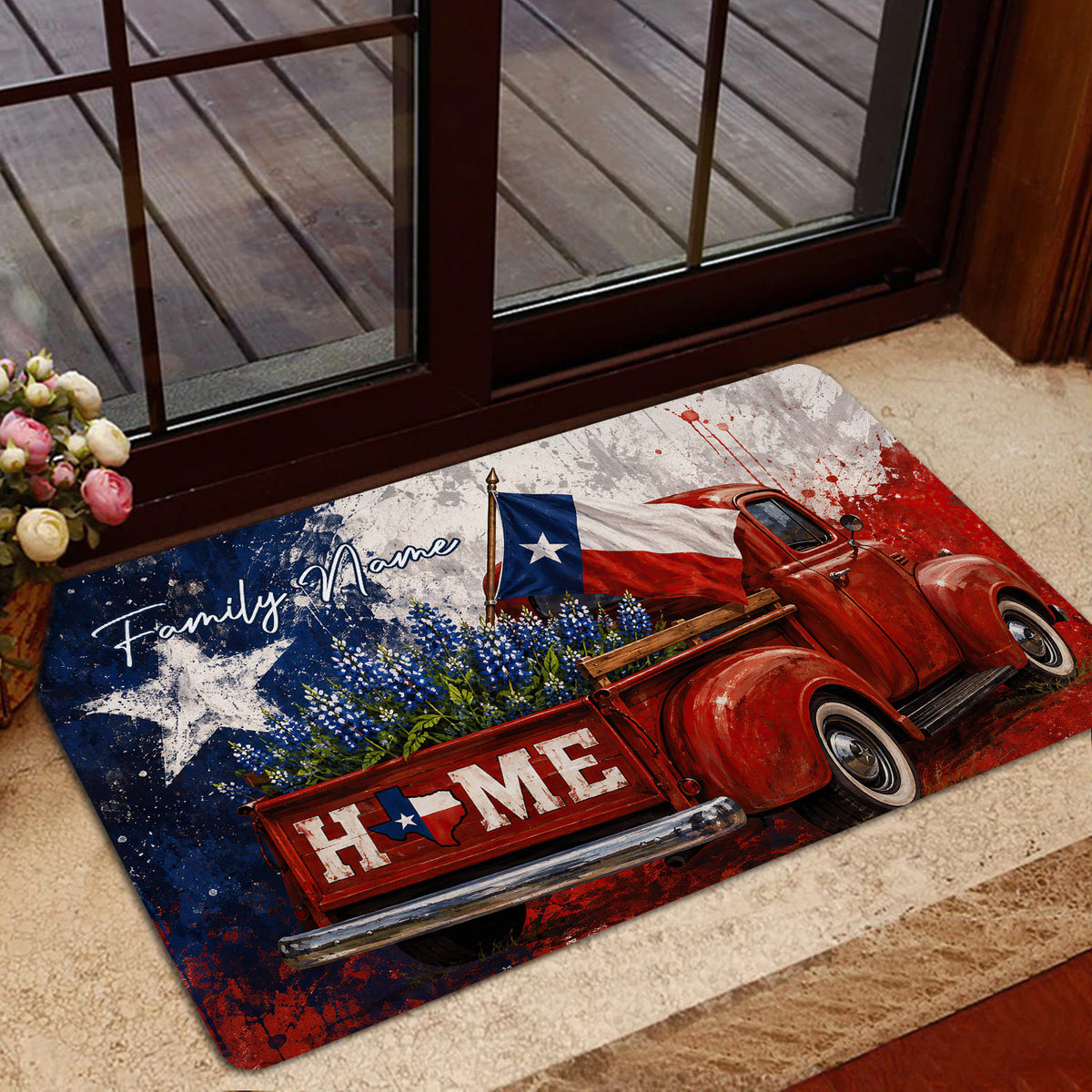 Texas doormat styled at a glass doorway, showcasing a vintage red truck, bluebonnets, Texas flag, and rustic home decor design