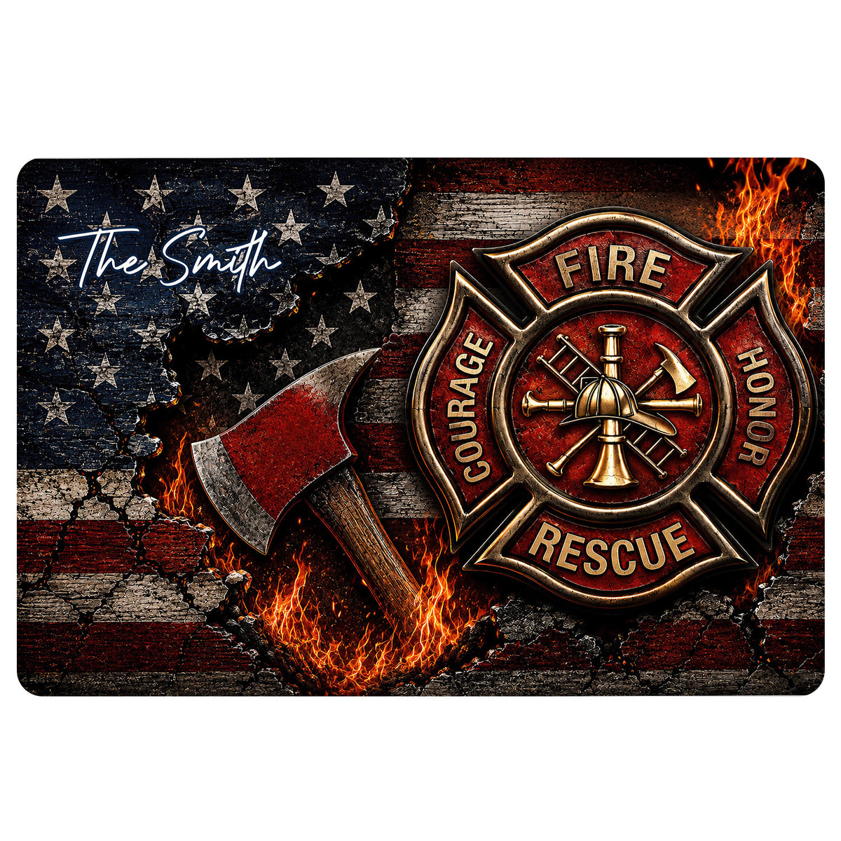 Firefighter doormat featuring a fire department emblem, crossed tools, flames, stars, and a flag-inspired background