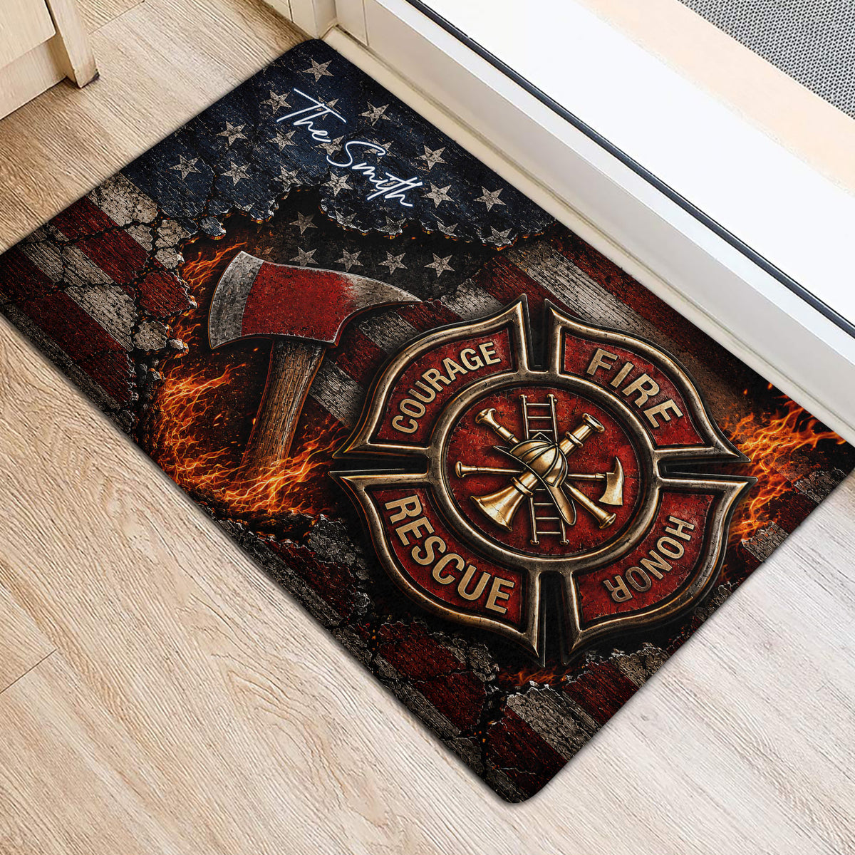 Firefighter entryway mat beside a door featuring a fire emblem, axe, flames, and star-spangled artwork