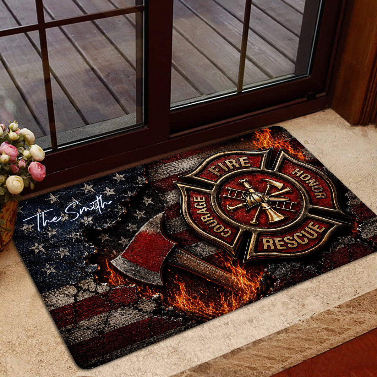 Firefighter door mat shown in a home entryway with a dramatic fire emblem and firefighting tool artwork