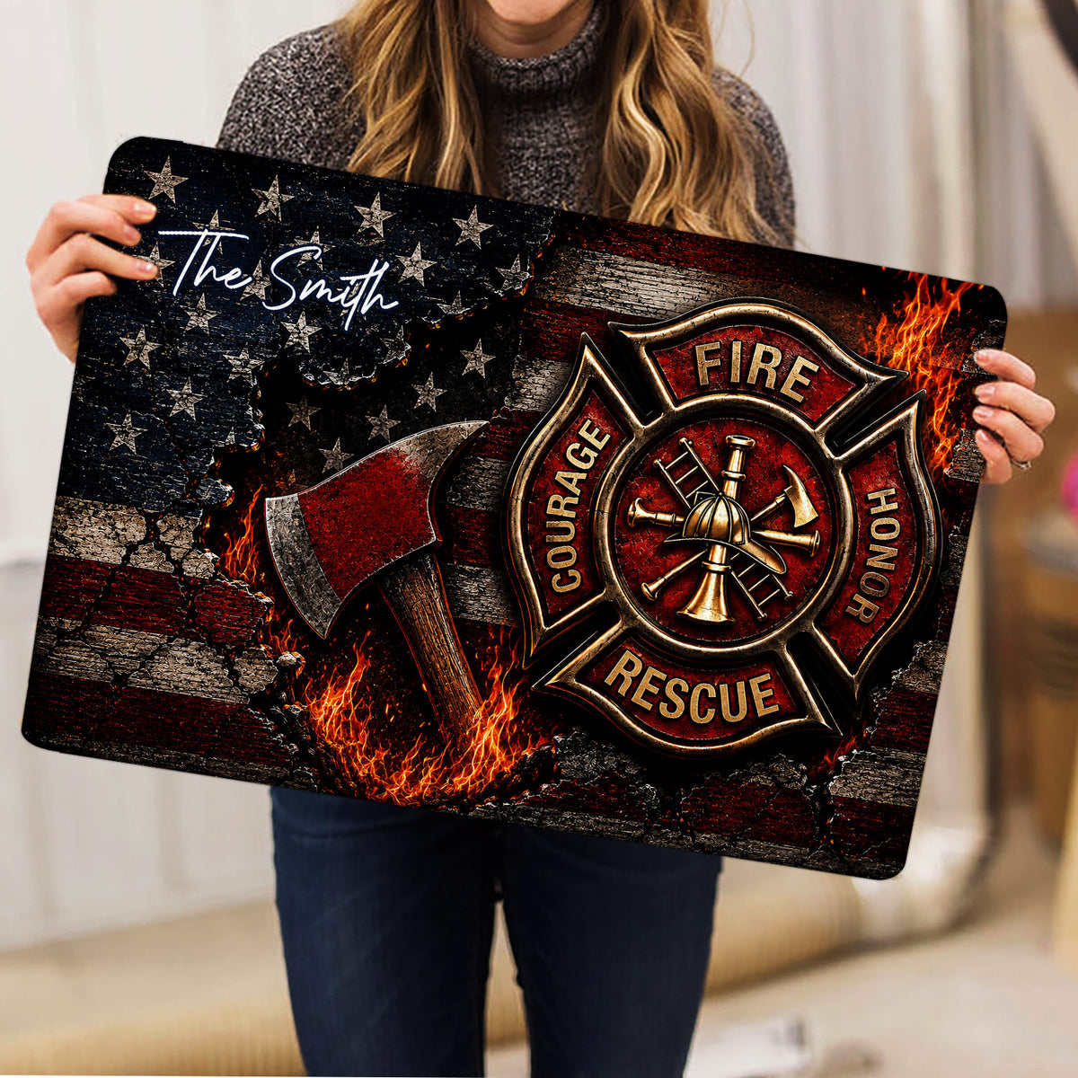 Firefighter doormat held indoors showing a large fire department emblem, axe, flames, and patriotic stars
