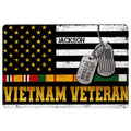 Vietnam Veteran doormat with distressed American flag design, military dog tags, service ribbons, and gold lettering