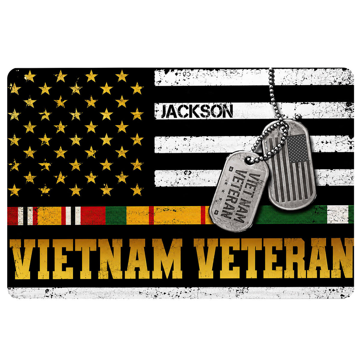 Vietnam Veteran doormat with distressed American flag design, military dog tags, service ribbons, and gold lettering