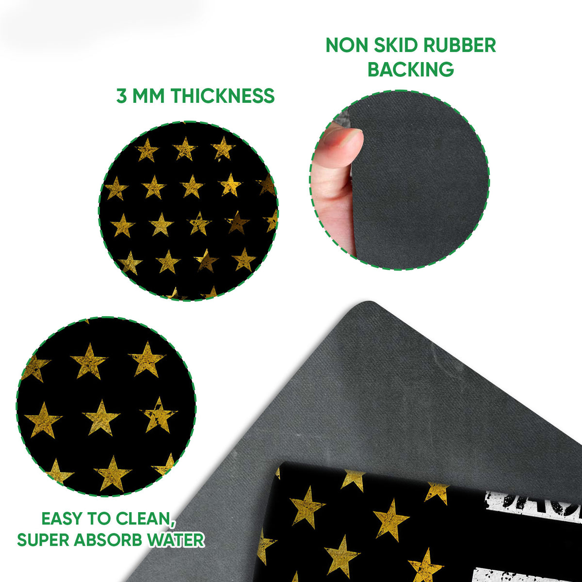 Vietnam Veteran doormat feature view showing printed star artwork, rubber backing, and layered mat construction