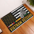 Vietnam Veteran doormat displayed at a home entryway on hardwood flooring with flag and military tribute artwork