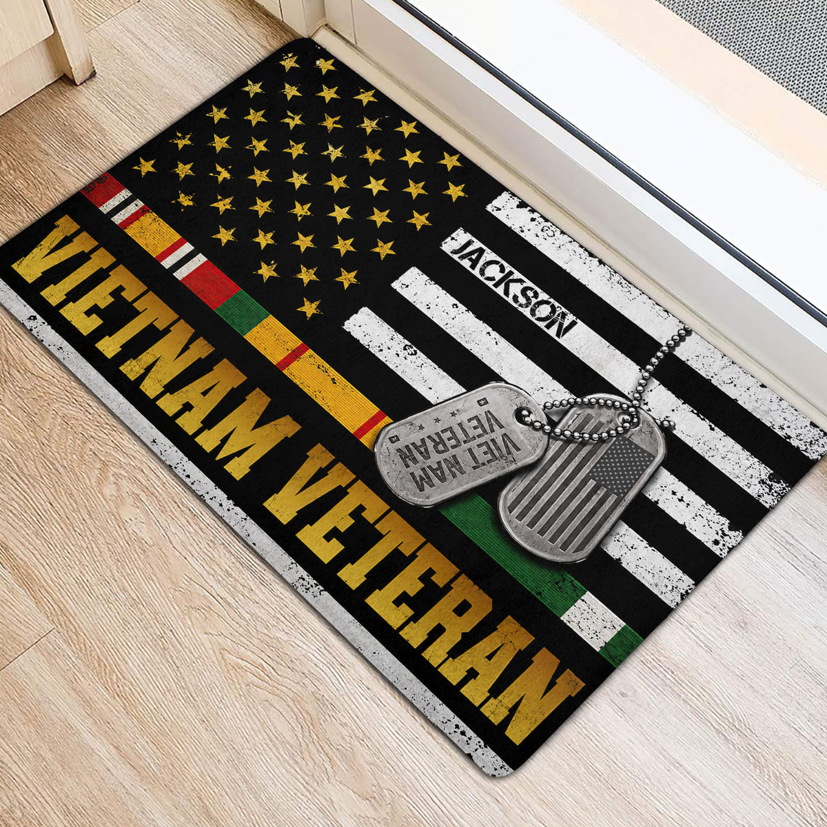 Vietnam Veteran entryway mat beside a doorway featuring dog tags, stars, service ribbons, and distressed flag stripes