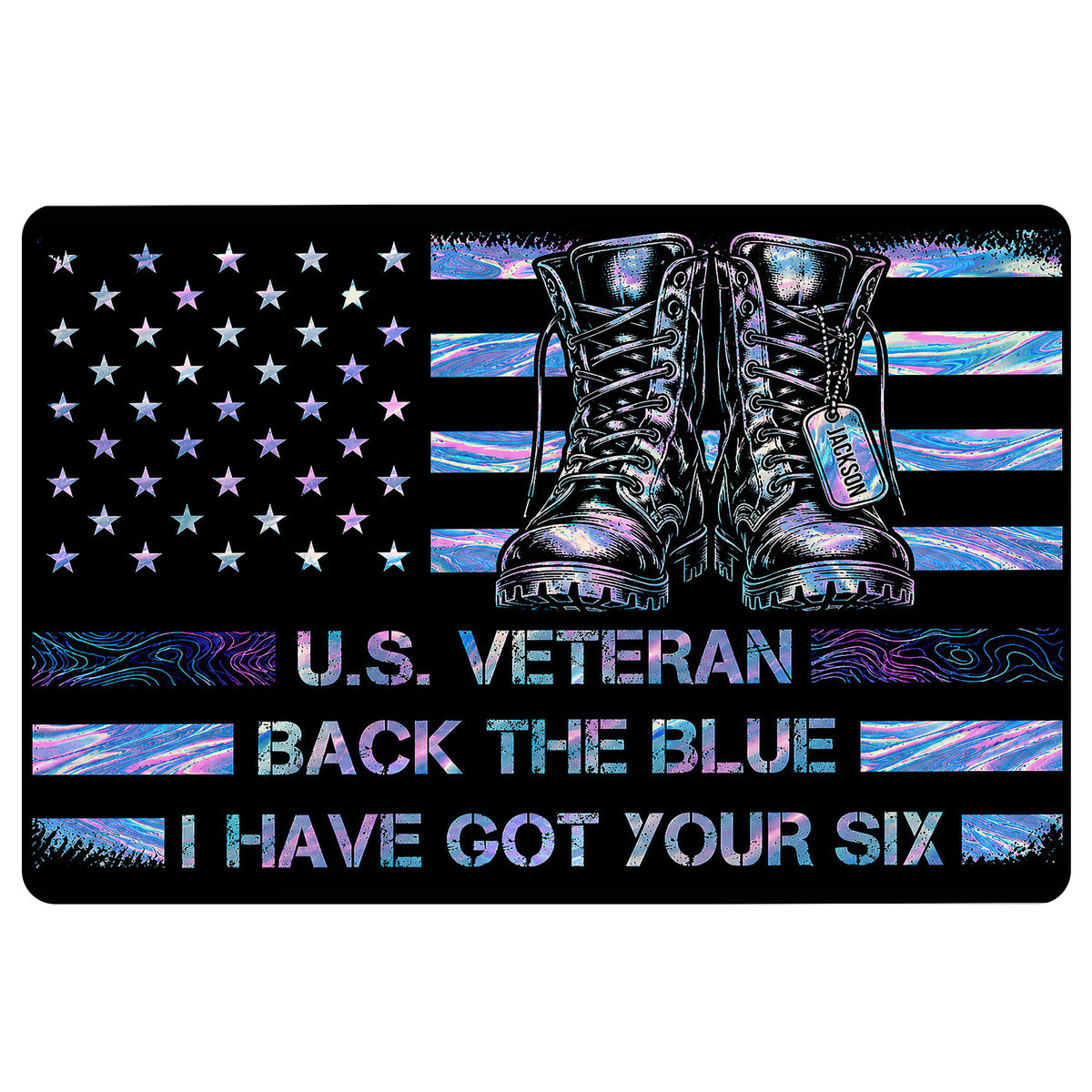 Veteran doormat featuring military boots, stars, flag-inspired stripes, and vivid blue, purple, and pink artwork