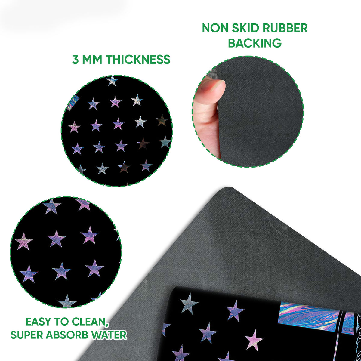 Close-up feature view of veteran doormat artwork, textured surface, rubber backing, and rounded edges