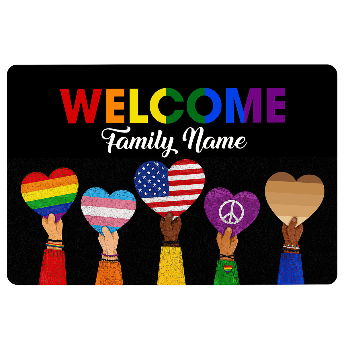 Black LGBT welcome doormat with colorful pride lettering and diverse hands holding heart symbols