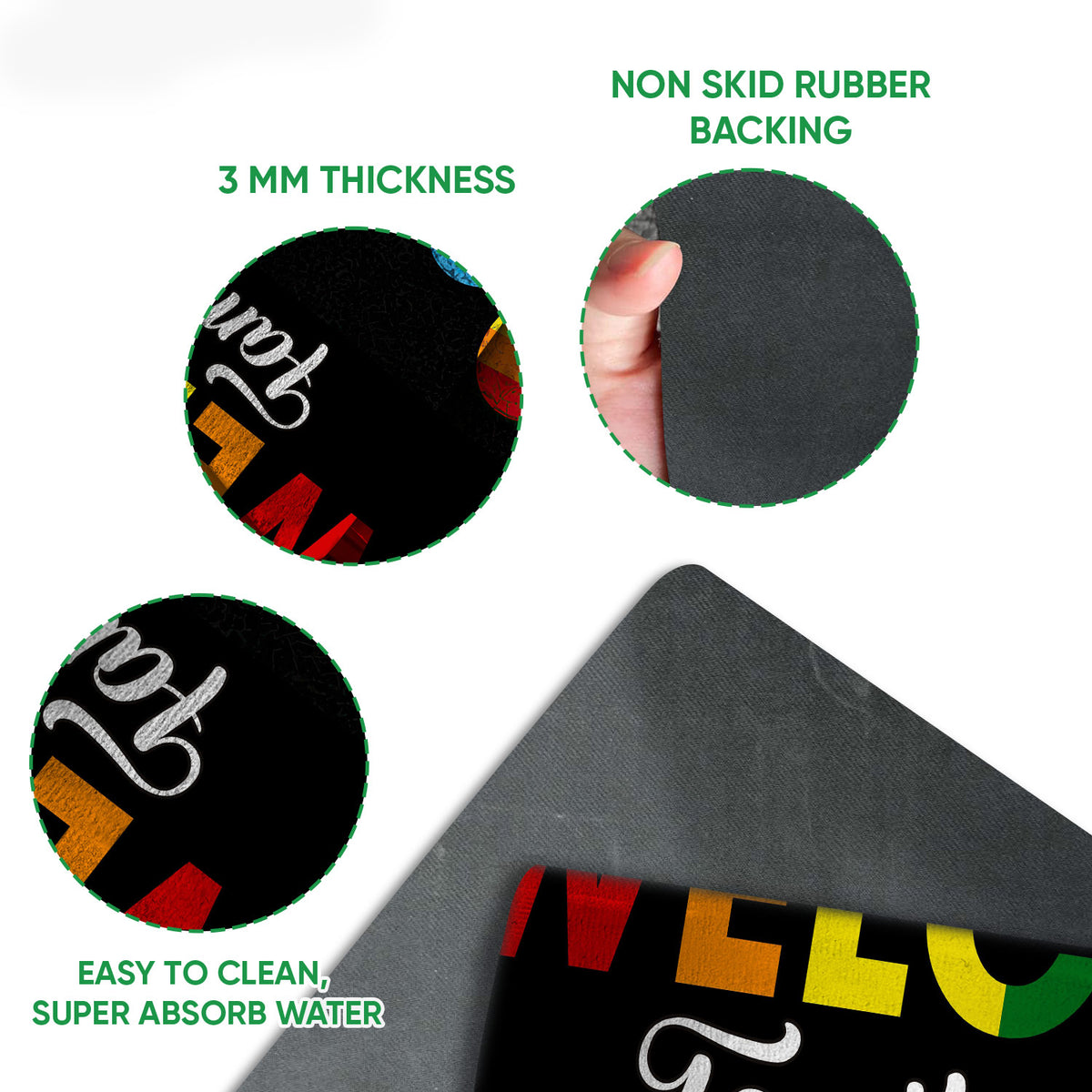 Close-up feature view of the LGBT welcome doormat's printed surface and rubber backing