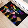Rainbow LGBT welcome rug placed beside a doorway with colorful heart and peace symbols