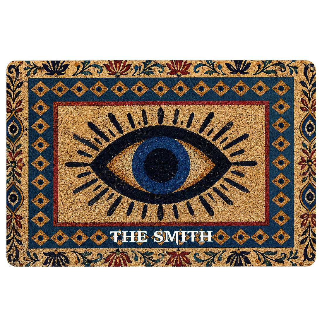 Evil eye doormat with a blue and gold eye motif, geometric border, and ornate floral pattern