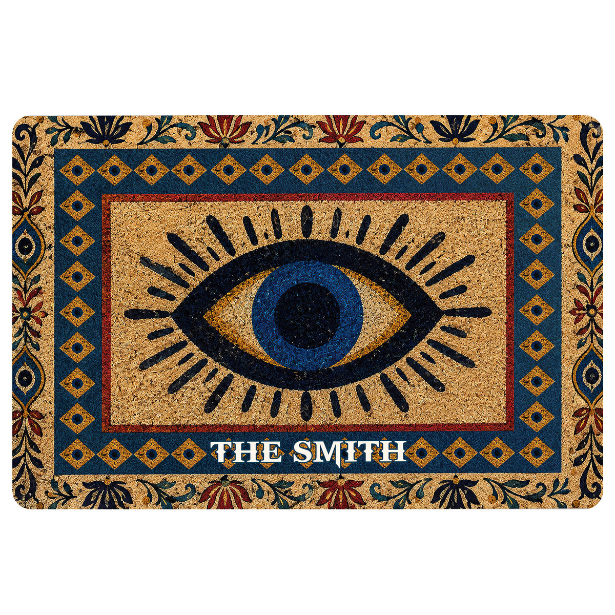Evil eye doormat with a blue and gold eye motif, geometric border, and ornate floral pattern