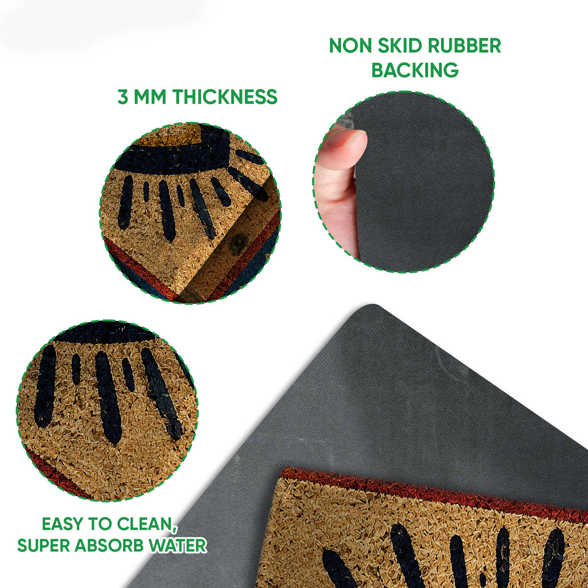 Close-up of the evil eye doormat showing the printed top surface and black rubber backing