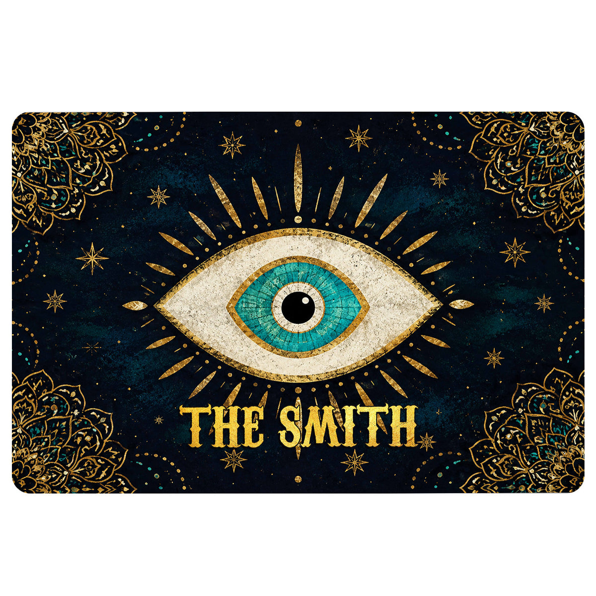 Evil eye doormat with a turquoise eye, gold sun rays, stars, and ornate dark blue mandala borders