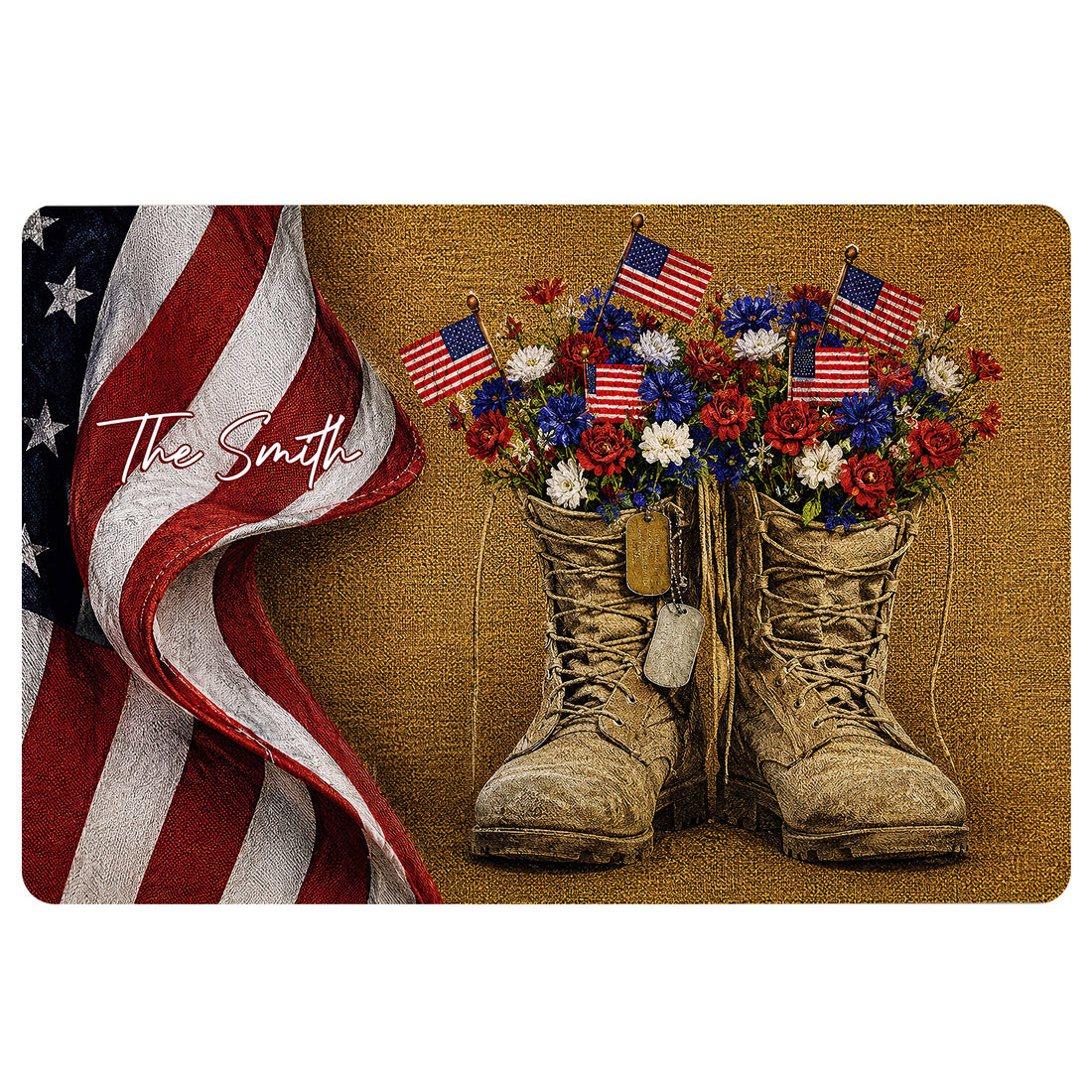 Patriotic veteran doormat featuring combat boots, American flags, red white and blue flowers, and a folded flag