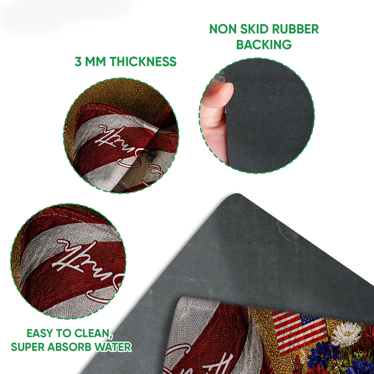 Close-up feature view of a patriotic veteran doormat showing the printed surface and rubber backing