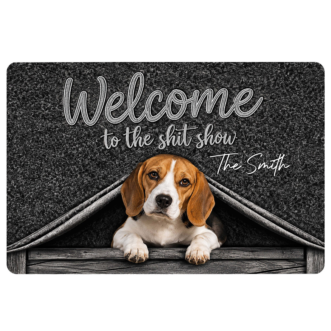 Black Beagle doormat with a playful welcome message, wooden doghouse artwork, and a Beagle peeking through
