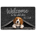 Black Beagle doormat with a playful welcome message, wooden doghouse artwork, and a Beagle peeking through