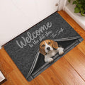 Beagle welcome doormat styled in a home entryway on a warm wood floor