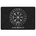 Black Viking doormat featuring a circular Norse compass symbol and runic artwork