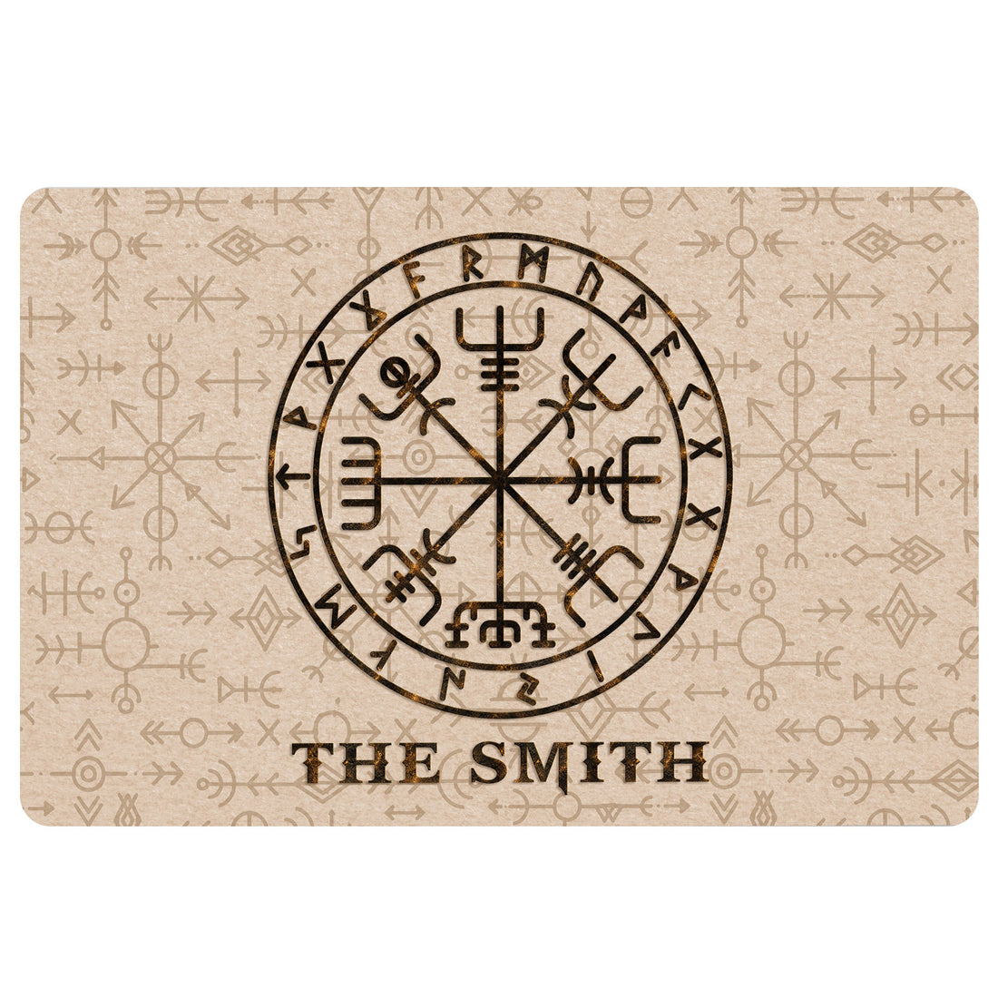 Viking doormat with Norse rune compass artwork and a family-style name inscription on a beige background