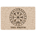 Viking doormat with Norse rune compass artwork and a family-style name inscription on a beige background