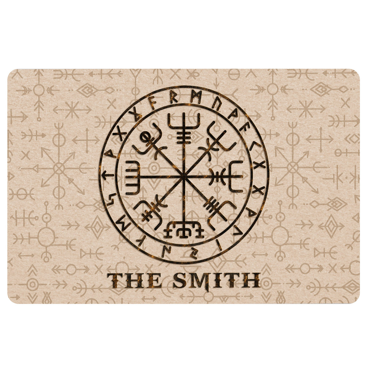 Viking doormat with Norse rune compass artwork and a family-style name inscription on a beige background