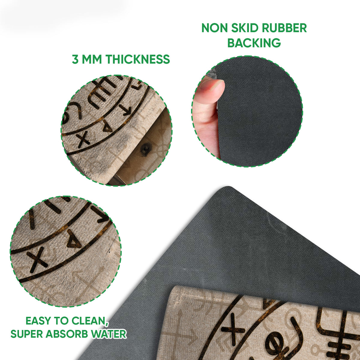 Close-up of Viking rune doormat artwork showing the printed surface and black rubber backing