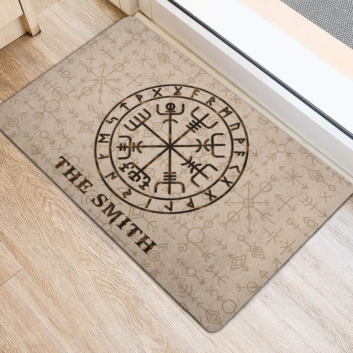 Viking compass rune door mat presented near a bright home entrance