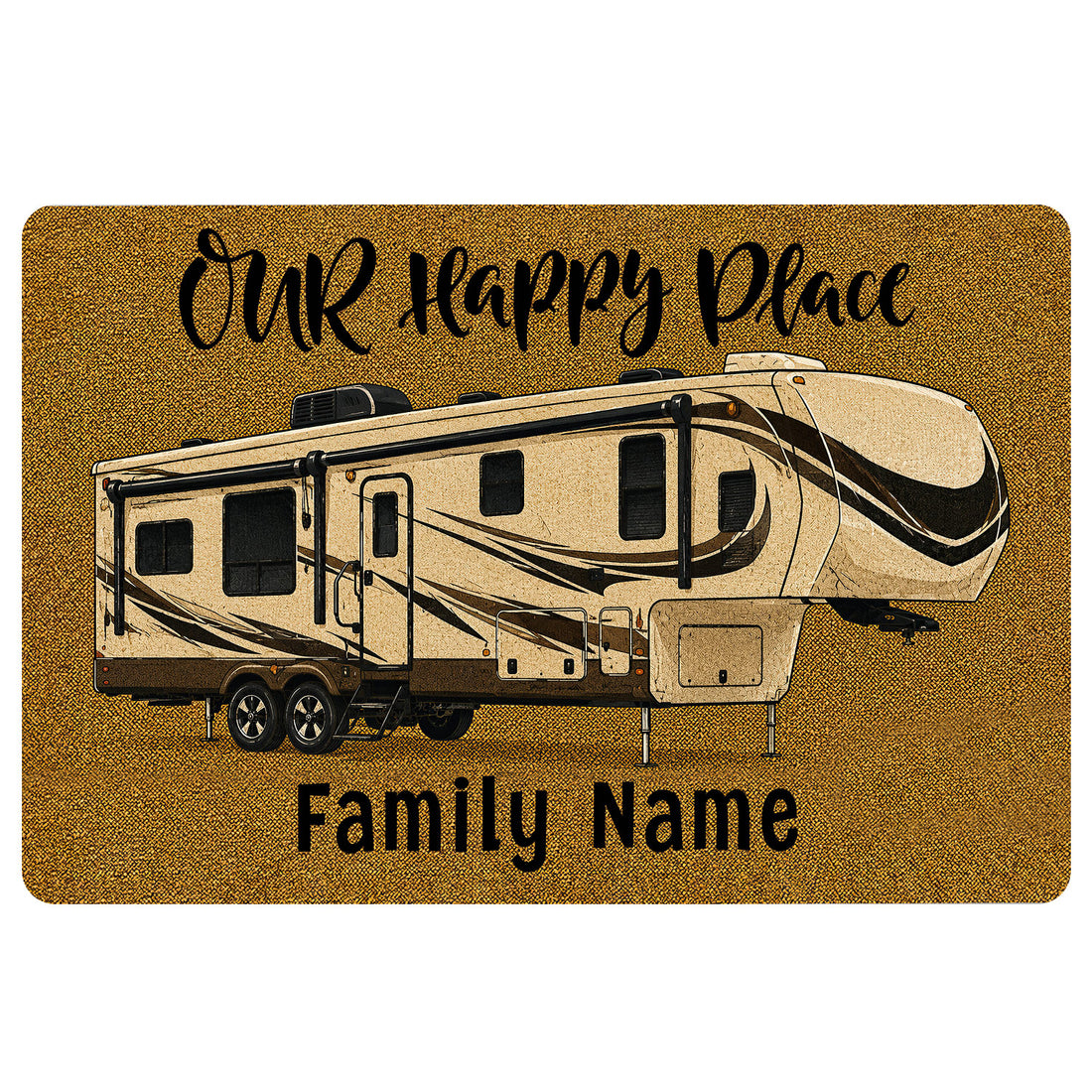 Camping doormat featuring a travel trailer illustration on a warm golden textured background