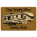 Camping doormat featuring a travel trailer illustration on a warm golden textured background