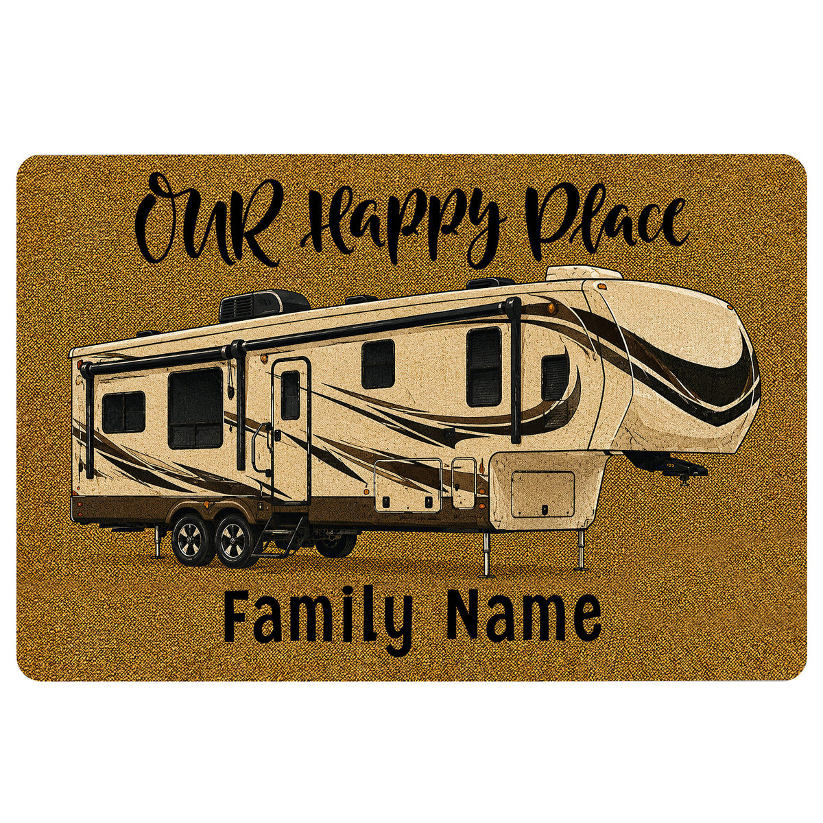 Camping doormat featuring a travel trailer illustration on a warm golden textured background