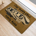 RV camping entryway rug shown beside a doorway with a detailed trailer illustration