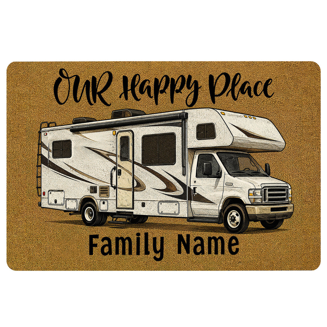 Camping doormat with illustrated RV camper, warm ochre background, welcome message, and family-themed entryway design