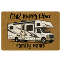 Camping doormat with illustrated RV camper, warm ochre background, welcome message, and family-themed entryway design