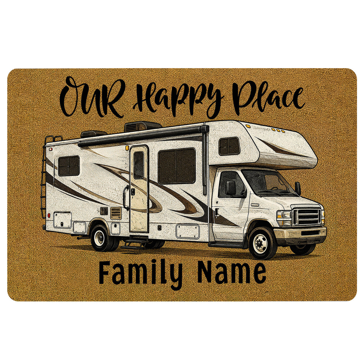 Camping doormat with illustrated RV camper, warm ochre background, welcome message, and family-themed entryway design