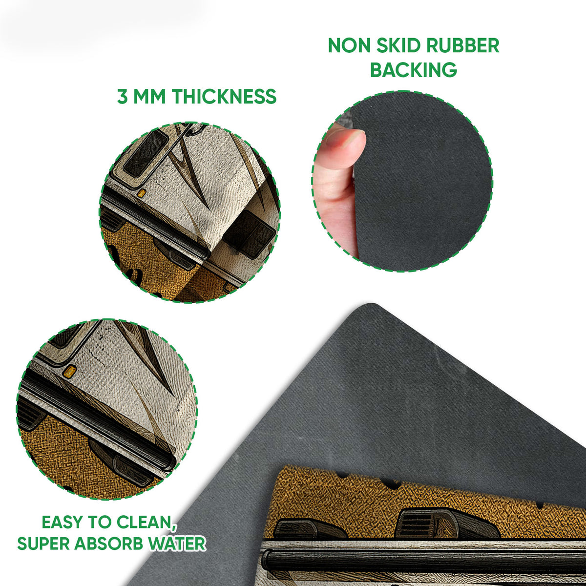 Camping doormat feature view showing printed RV artwork, thin profile, and dark rubber backing