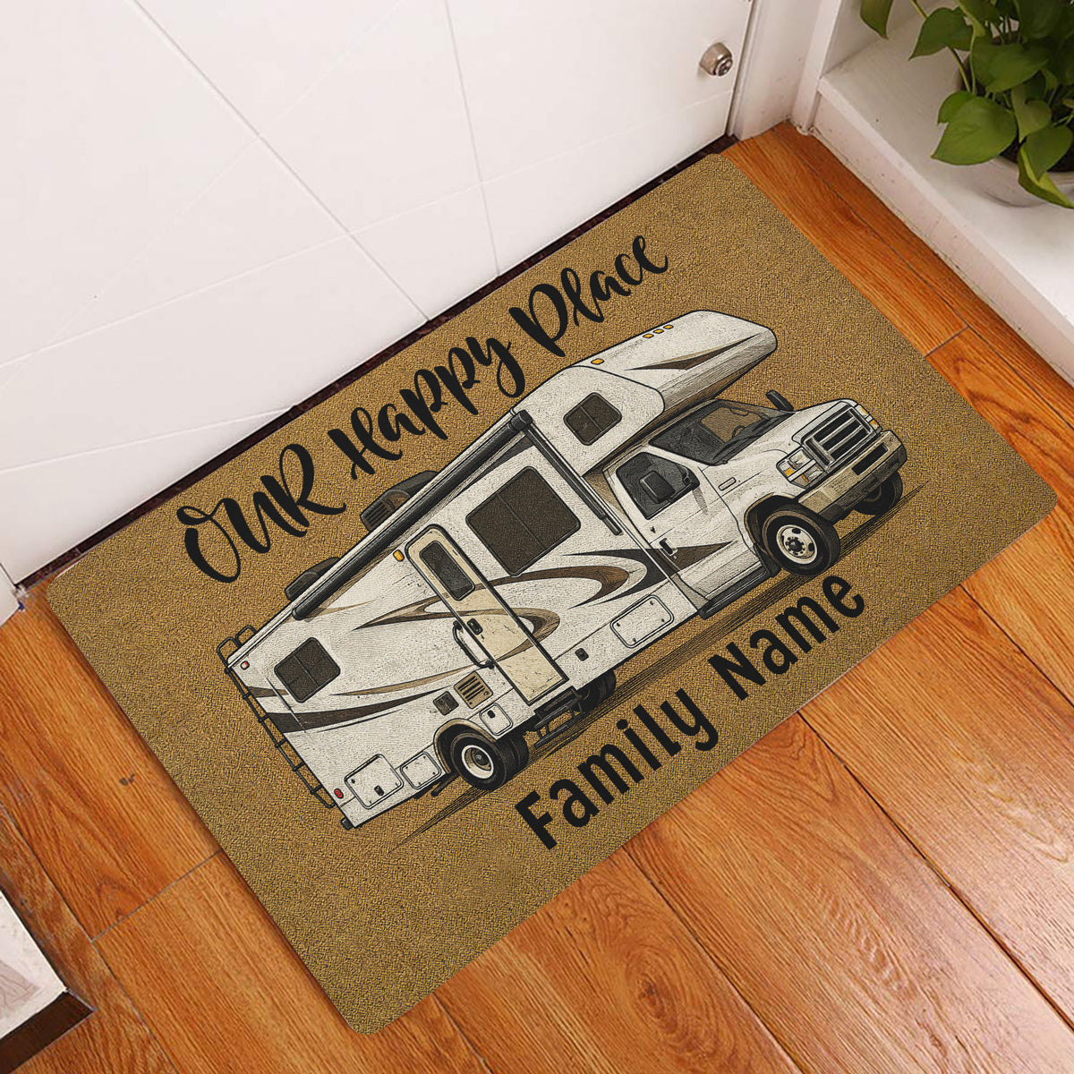 RV camping doormat displayed by a home entrance on wood flooring with a warm ochre and black design