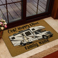 RV camping entryway doormat displayed beside a glass door with a warm ochre background and bold lettering