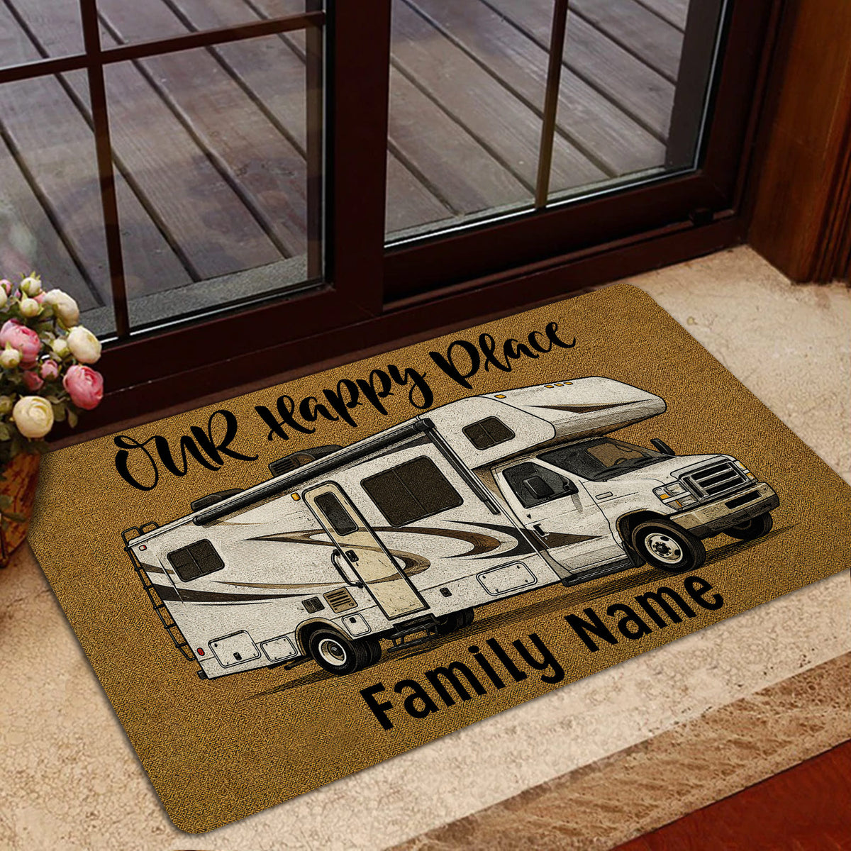 RV camping entryway doormat displayed beside a glass door with a warm ochre background and bold lettering