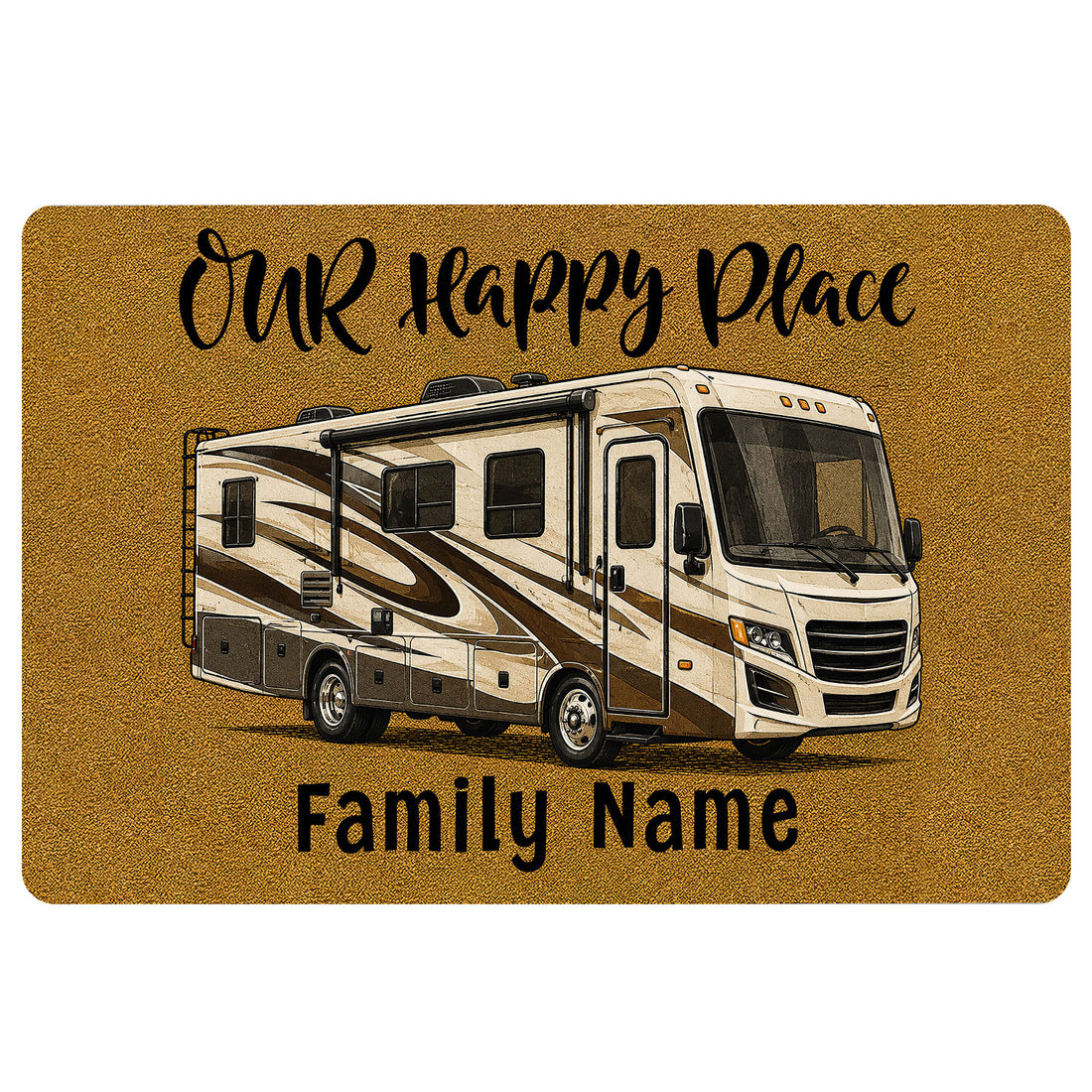 Gold camping doormat featuring a detailed recreational vehicle and welcoming entryway artwork