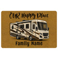 Gold camping doormat featuring a detailed recreational vehicle and welcoming entryway artwork