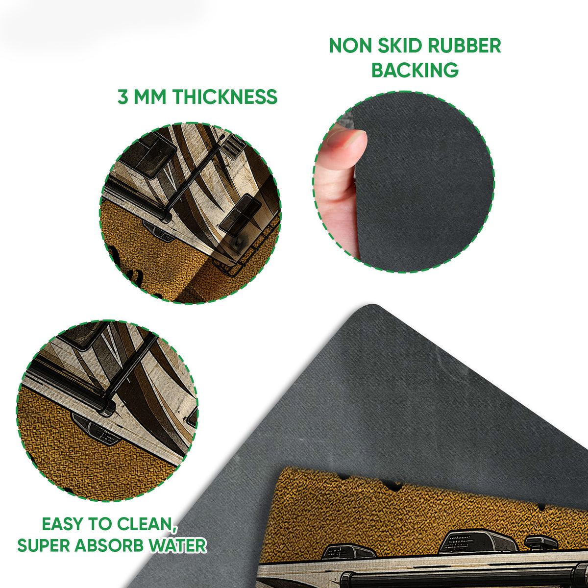 Close-up of the camping doormat artwork with visible rubber backing and textured surface details