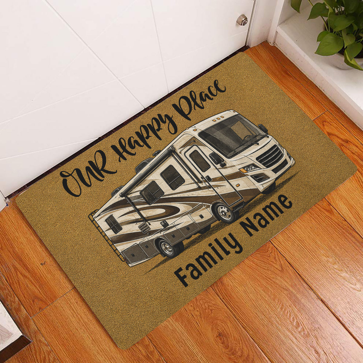 Camping RV doormat styled on a wood floor near a white door in a home entryway